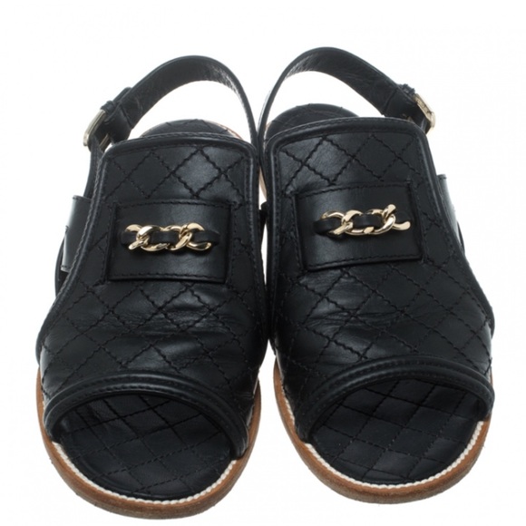 Chanel Black Quilted Leather Chain CC Detail Peep Toe Slingback Flats Size 37.5 - Picture 3 of 9